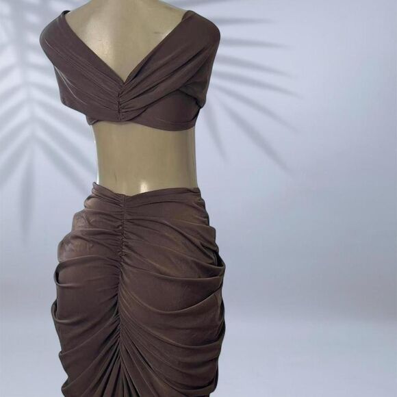 Brown Ruched Two-Piece Set | Crop Top + Maxi Skirt - Picture 3 of 3